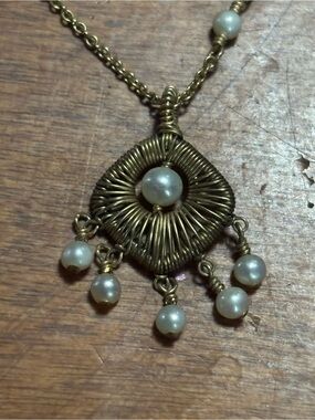 Handmade pearl and 14k gold Wire Wrapped Wire Wrapped Pendant Necklace Sundance